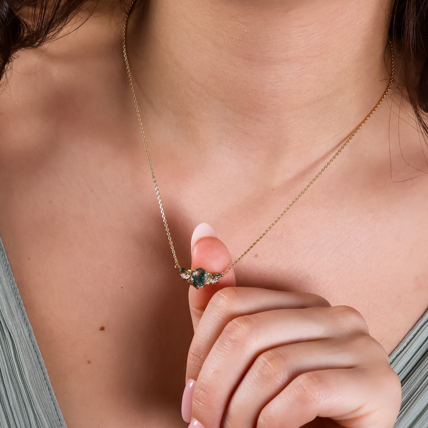 Clara Natural Moss Agate Necklace 14K Gold Vermeil