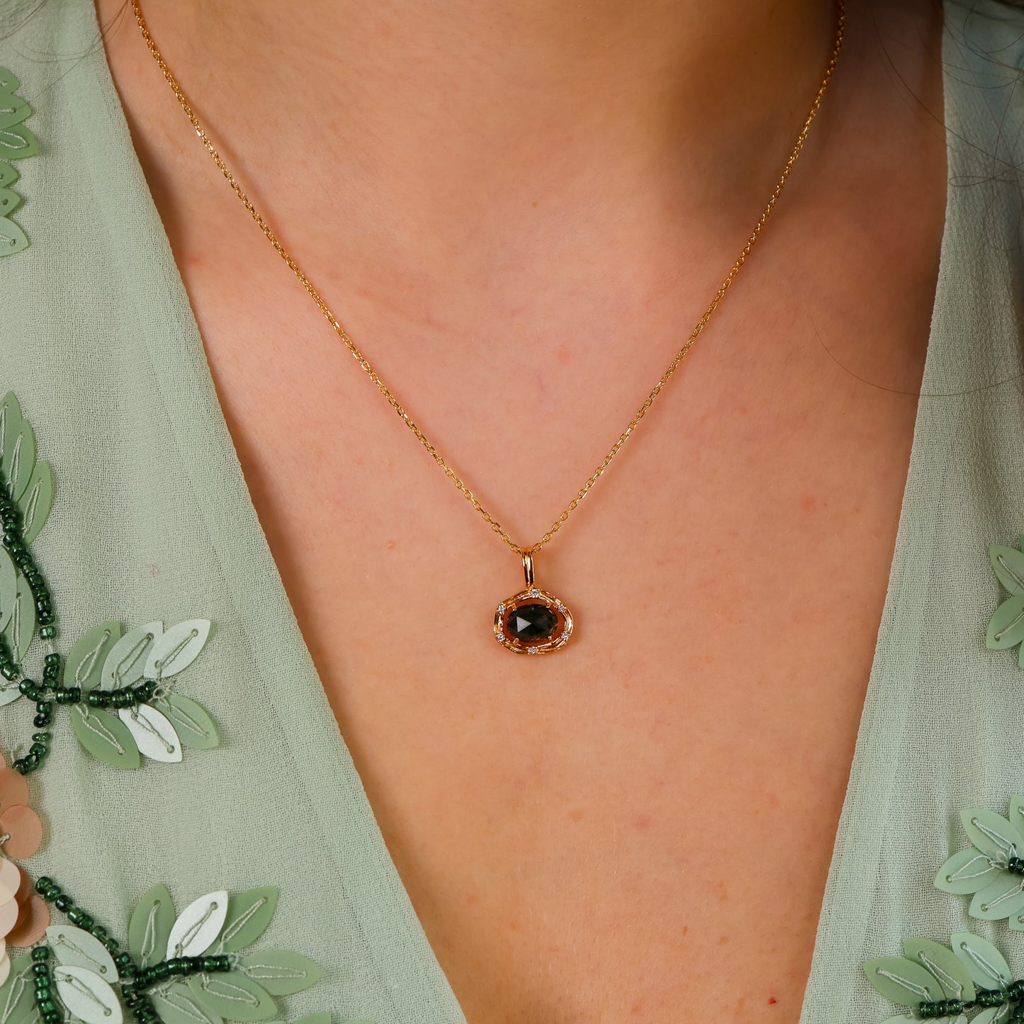 Eira Natural Moss Agate Necklace 14K Gold Vermeil