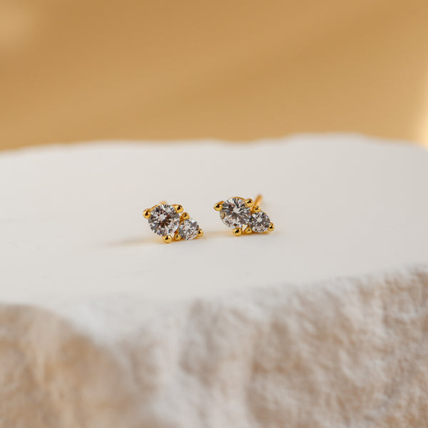 Stella tiny gold stud earrings with a 3mm and 2mm white cubic zirconia - Rainbow Rocks