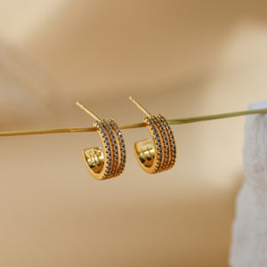 Vega small wide gold hoop earrings with three rows of sparkling CZ - Rainbow Rocks