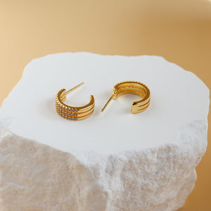 Vega triple-row CZ hoop earrings, alternate angle showing the post and polished gold back - Rainbow Rocks