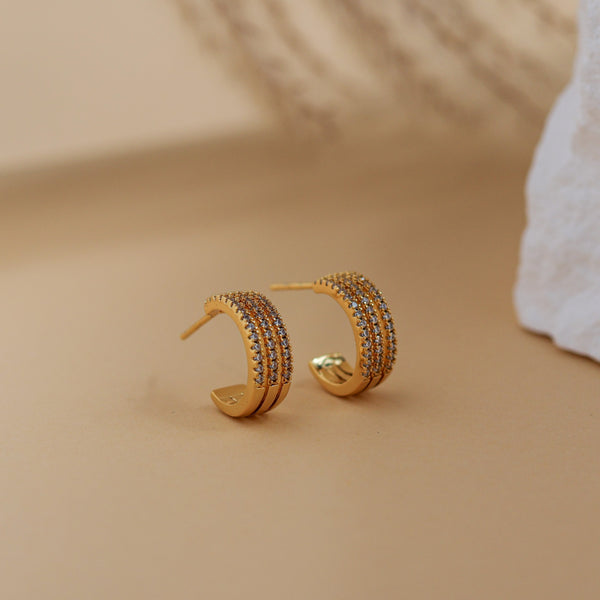 Vega triple-row pave hoop earrings, 18K gold plated with white cubic zirconia, main product photo - Rainbow Rocks