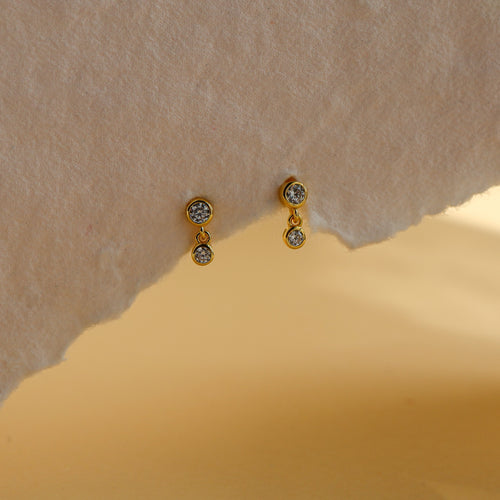 Leda dainty double drop stud earrings in 18K gold plated sterling silver, a 2.5mm bezel CZ stud with a 2mm CZ drop