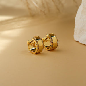 Luna wide CZ huggie hoop earrings, 18K gold plated brass, main product photo - Rainbow Rocks