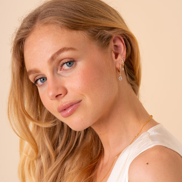 Lyra CZ curved drop earrings, 18K gold plated sterling silver, main product photo - Rainbow Rocks