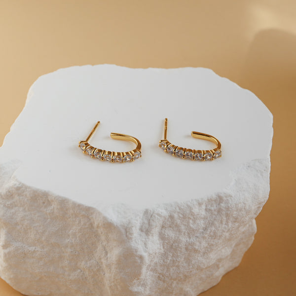 Carina small gold CZ hoop earrings, alternate angle - Rainbow Rocks