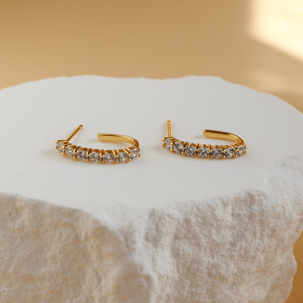 Carina 19mm gold J-hoop earrings with white CZ, detail view - Rainbow Rocks