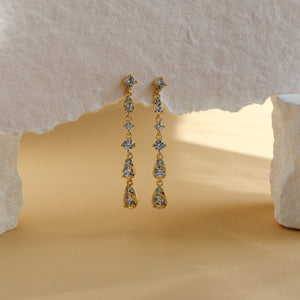 Soleil long CZ drop earrings, 18K gold plated with pear and round cubic zirconia - Rainbow Rocks
