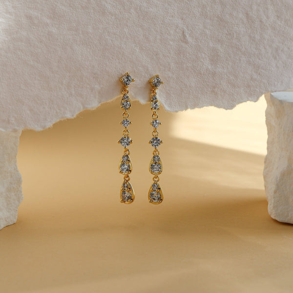Soleil long CZ drop earrings, 18K gold plated with pear and round cubic zirconia - Rainbow Rocks