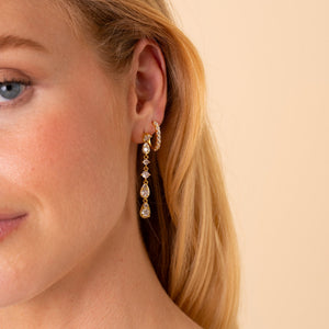 Ear styled with the Soleil 48mm CZ drop earring and the Carina gold J-hoop earring - Rainbow Rocks