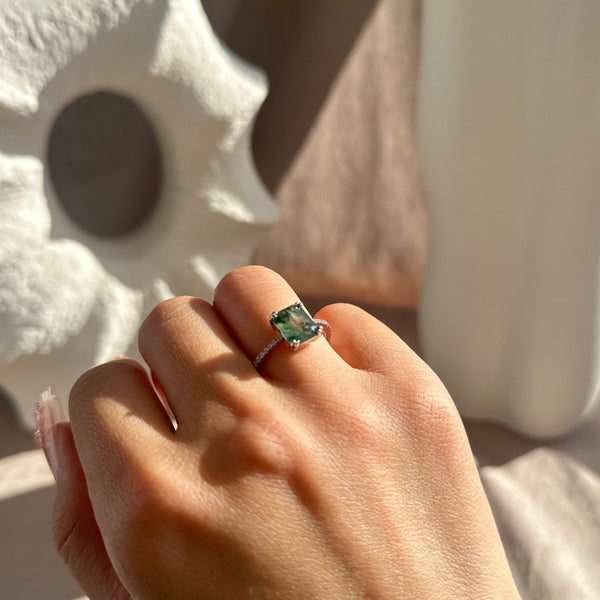 Maeve Natural Moss Agate Sterling Silver Ring - Rainbow Rocks Jewellery