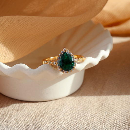 Evelyn Genuine Emerald Pear Cut Ring 14K Gold Vermeil