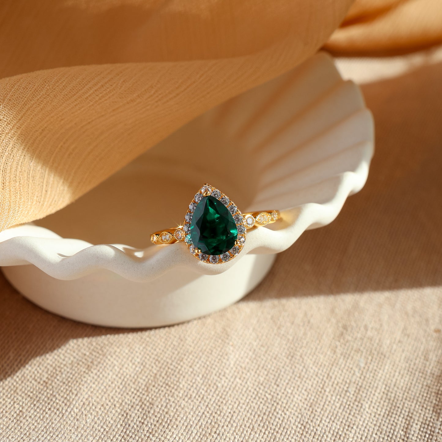 Evelyn Genuine Emerald Pear Cut Ring 14K Gold Vermeil