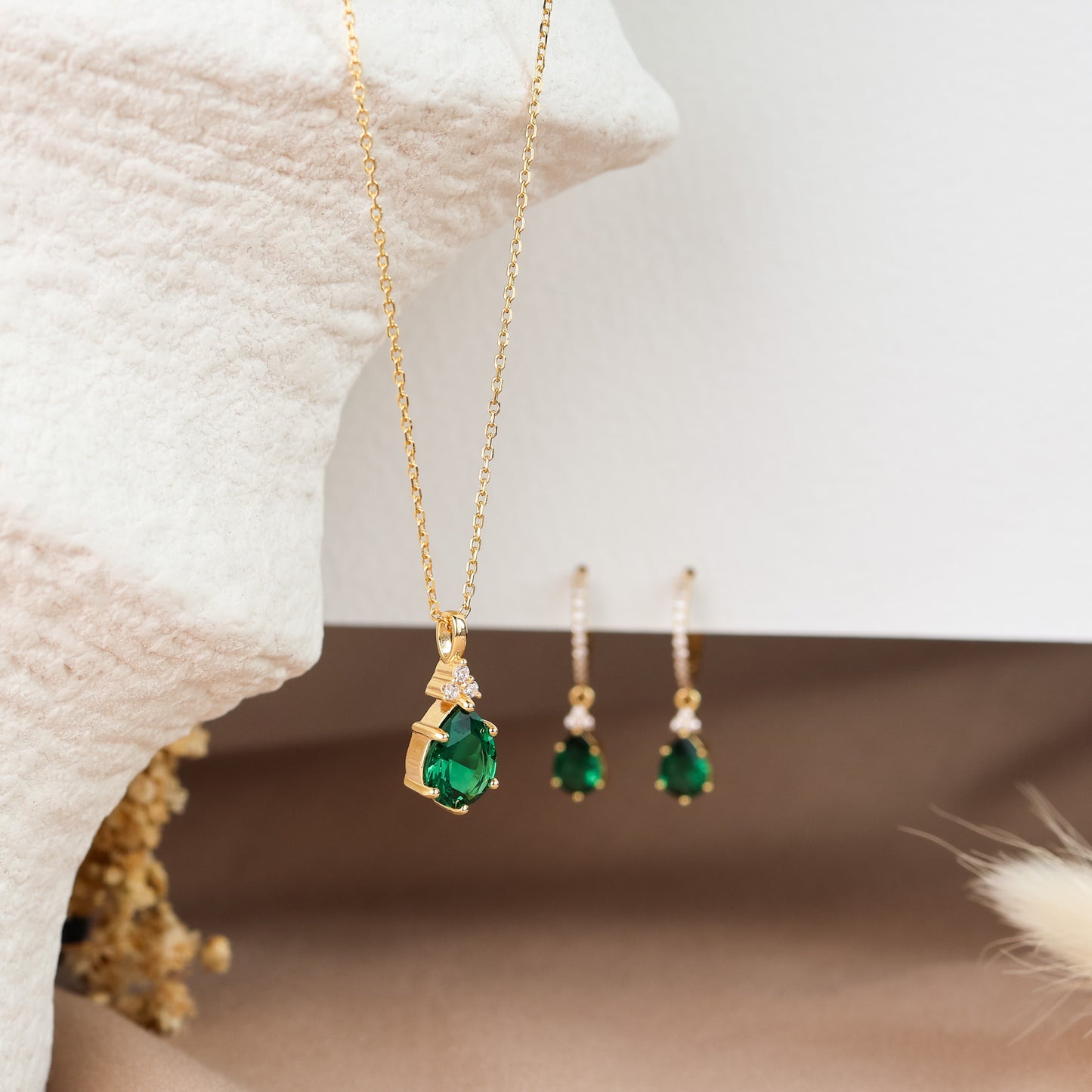 Emerald Green Hoop Earrings 14K Gold Vermeil