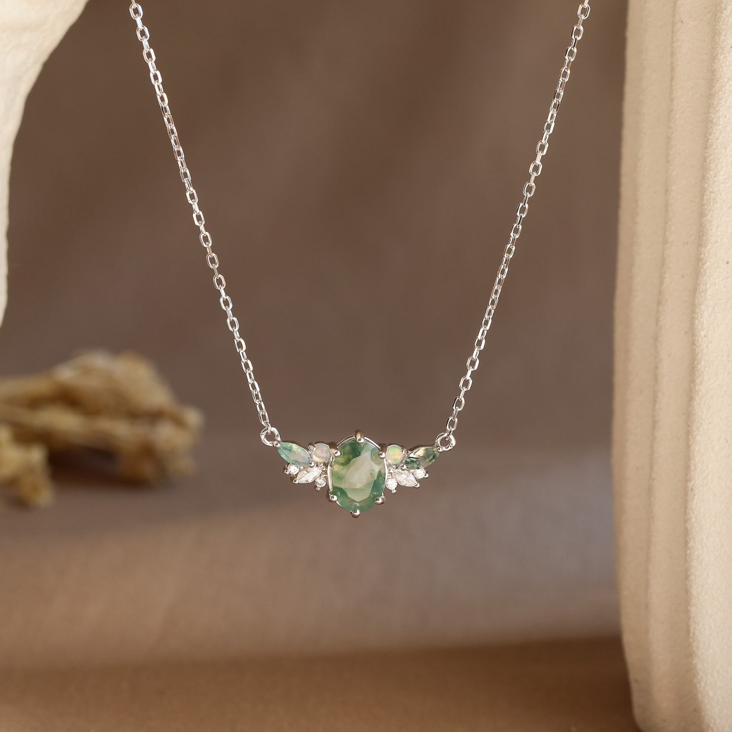 Clara Natural Moss Agate Necklace 14K Gold Vermeil