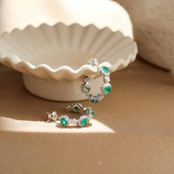 Elara Emerald Hoop Earrings Sterling Silver - Rainbow Rocks Jewellery