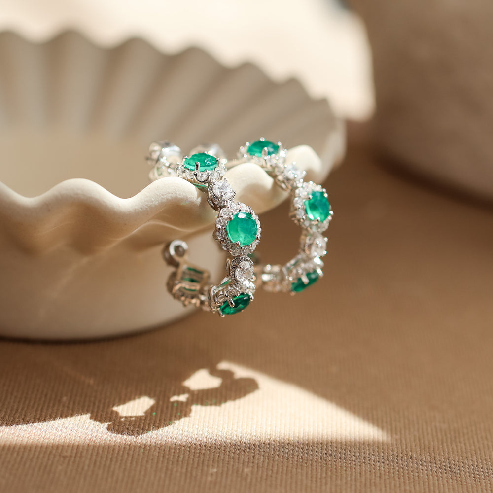 Elara Emerald Hoop Earrings Sterling Silver - Rainbow Rocks Jewellery