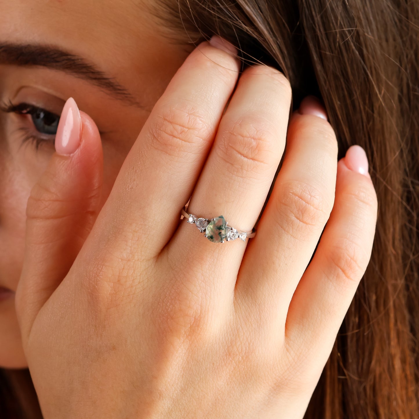Selene Natural Moss Agate Ring 14K Gold Vermeil / Sterling Silver