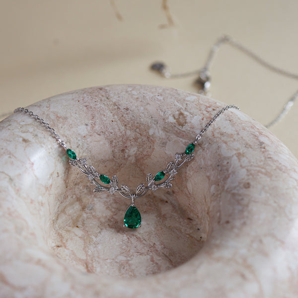Vine lab emerald pear-cut necklace, 14K gold vermeil or sterling silver - Rainbow Rocks