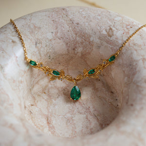 Vine lab emerald pear-cut necklace detail - Rainbow Rocks