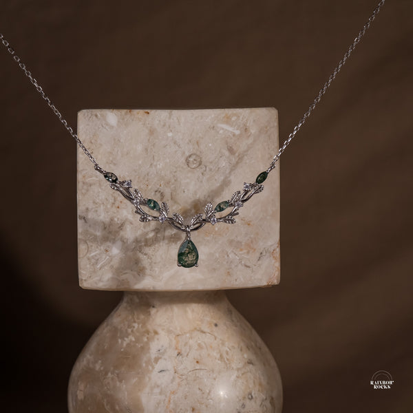 Vine Natural Moss Agate Leaf Necklace Sterling Silver - Rainbow Rocks Jewellery