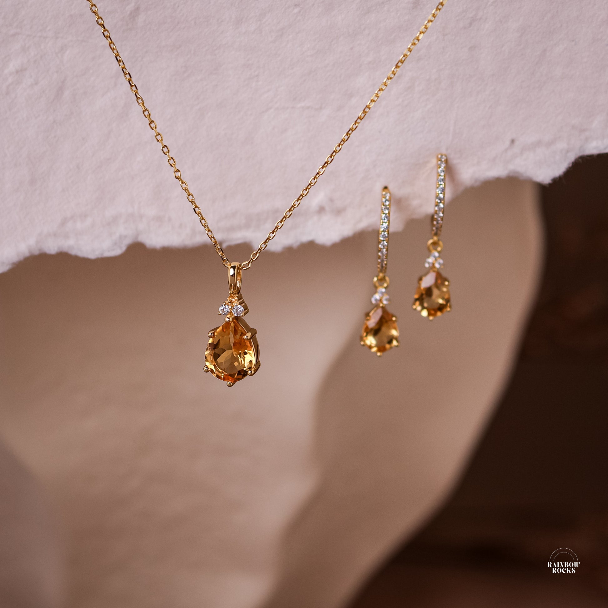 Layla Natural Citrine Necklace 14K Gold Vermeil displayed along with the matching earrings