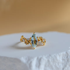 Vine Natural Aquamarine Ring in 14K gold vermeil, marquise-cut natural aquamarine on a vine and leaf band - Rainbow Rocks Jewellery