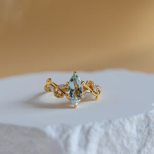 Vine Natural Aquamarine Ring in 14K gold vermeil, marquise-cut natural aquamarine on a vine and leaf band - Rainbow Rocks Jewellery