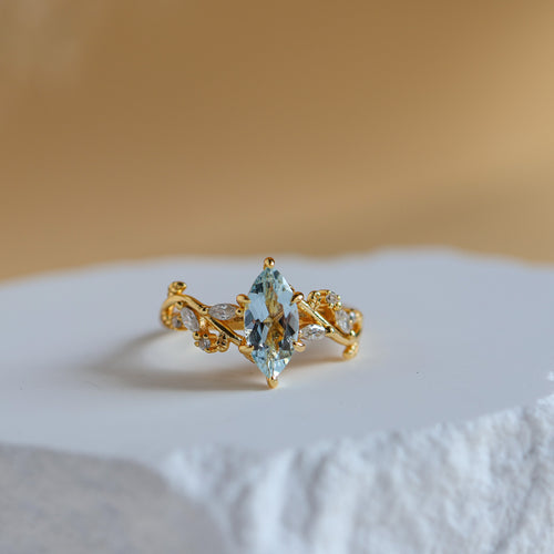 Vine Natural Aquamarine Ring in 14K gold vermeil, marquise-cut natural aquamarine on a vine and leaf band - Rainbow Rocks Jewellery
