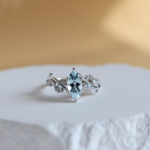 Vine Natural Aquamarine Ring in sterling silver, marquise-cut natural aquamarine on a vine and leaf band - Rainbow Rocks Jewellery