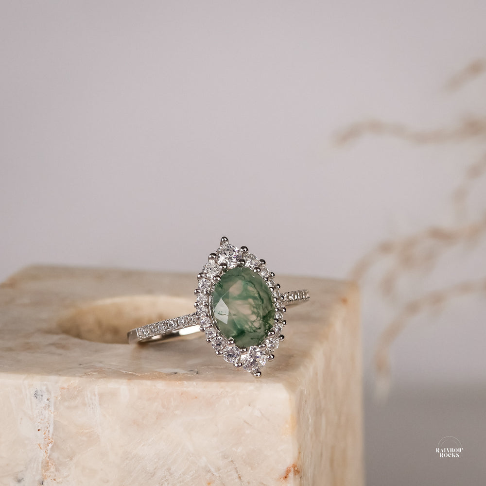 Elowen Natural Moss Agate Sterling Silver Ring - Rainbow Rocks Jewellery