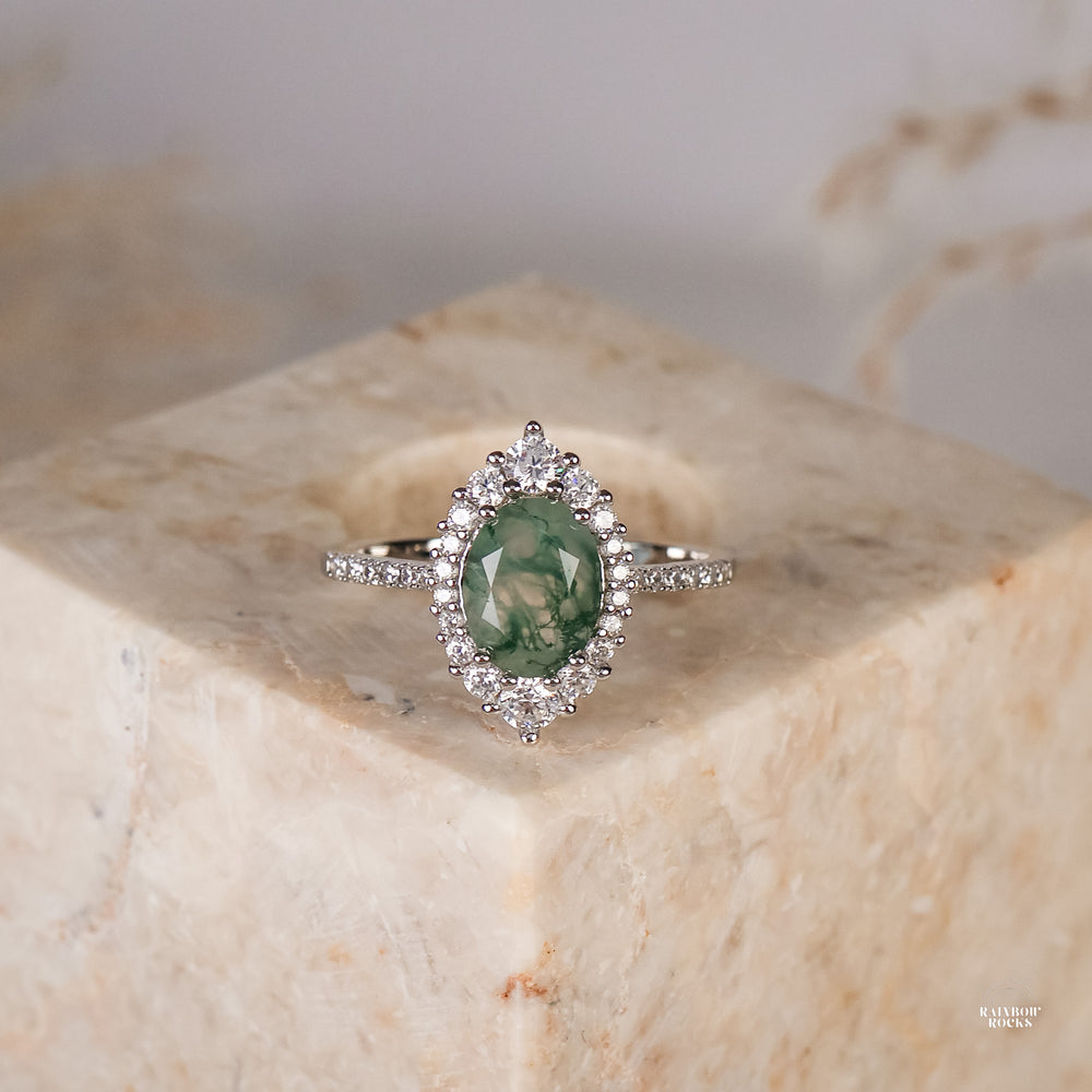 Elowen Natural Moss Agate Sterling Silver Ring - Rainbow Rocks Jewellery