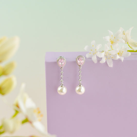 Diamond and Pearl Silver Drop Earrings