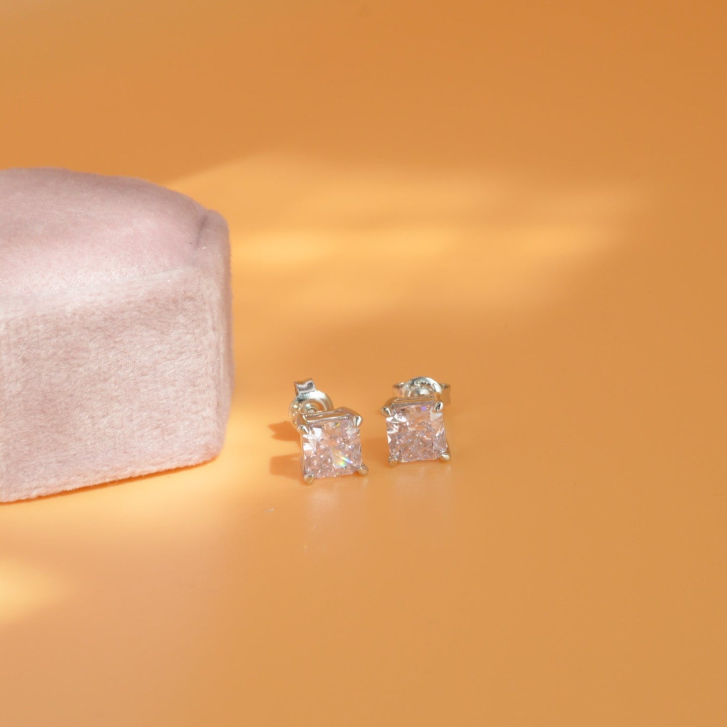 Pink Princess Cut Stud Earrings