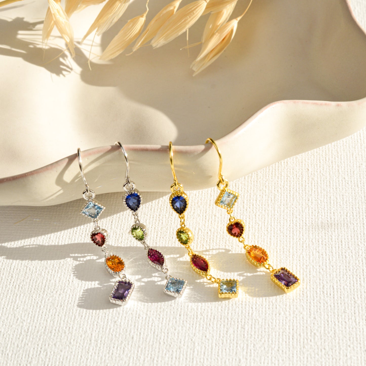 Rainbow Gemstone Gold Dangle Long Earrings