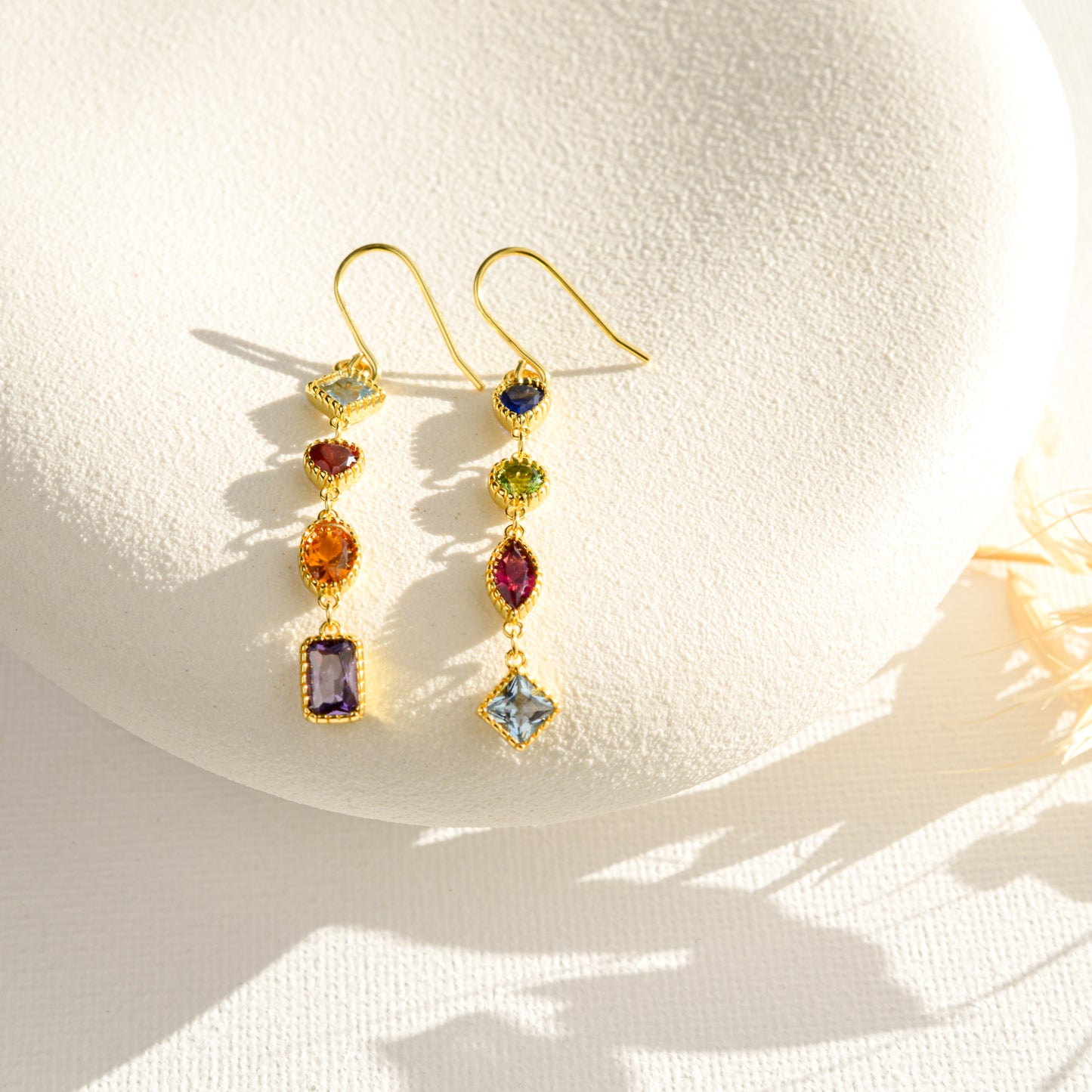 Rainbow Gemstone Gold Dangle Long Earrings