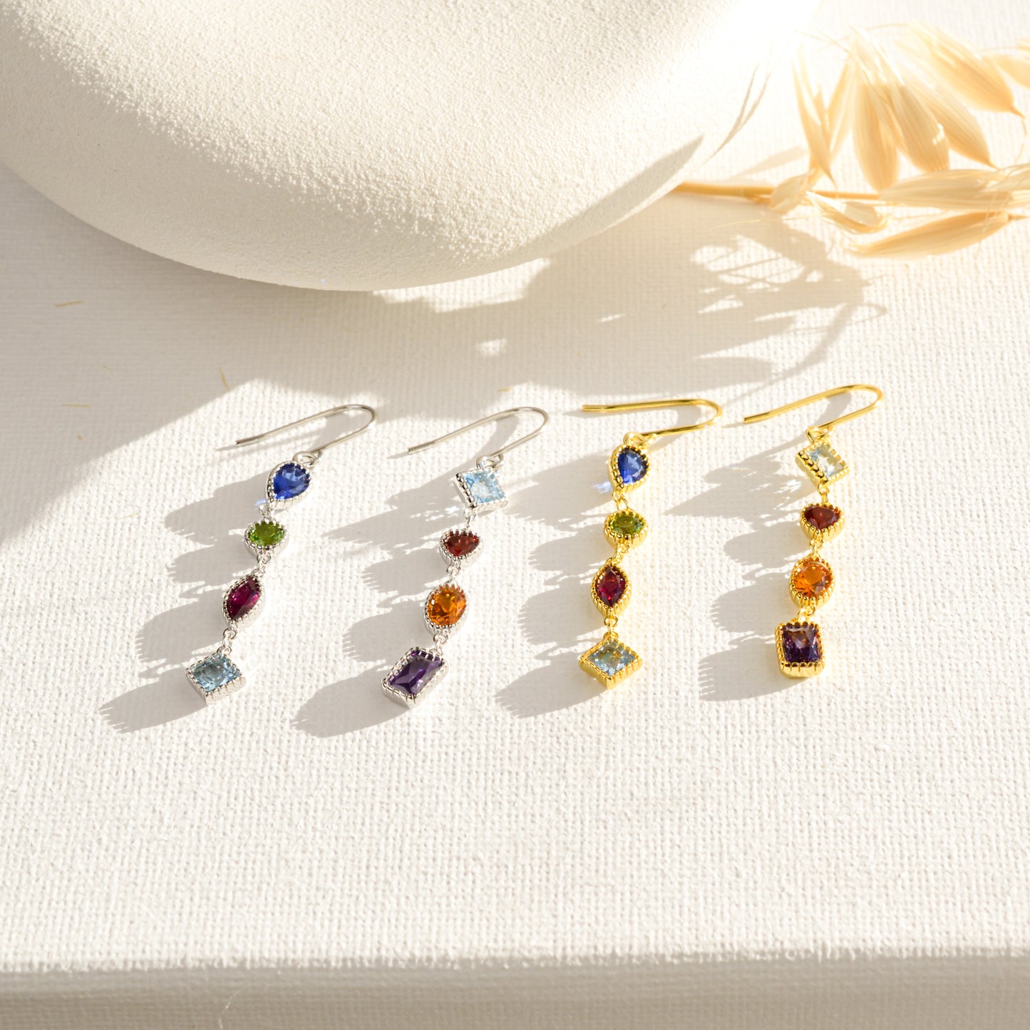 Rainbow Gemstone Gold Dangle Long Earrings