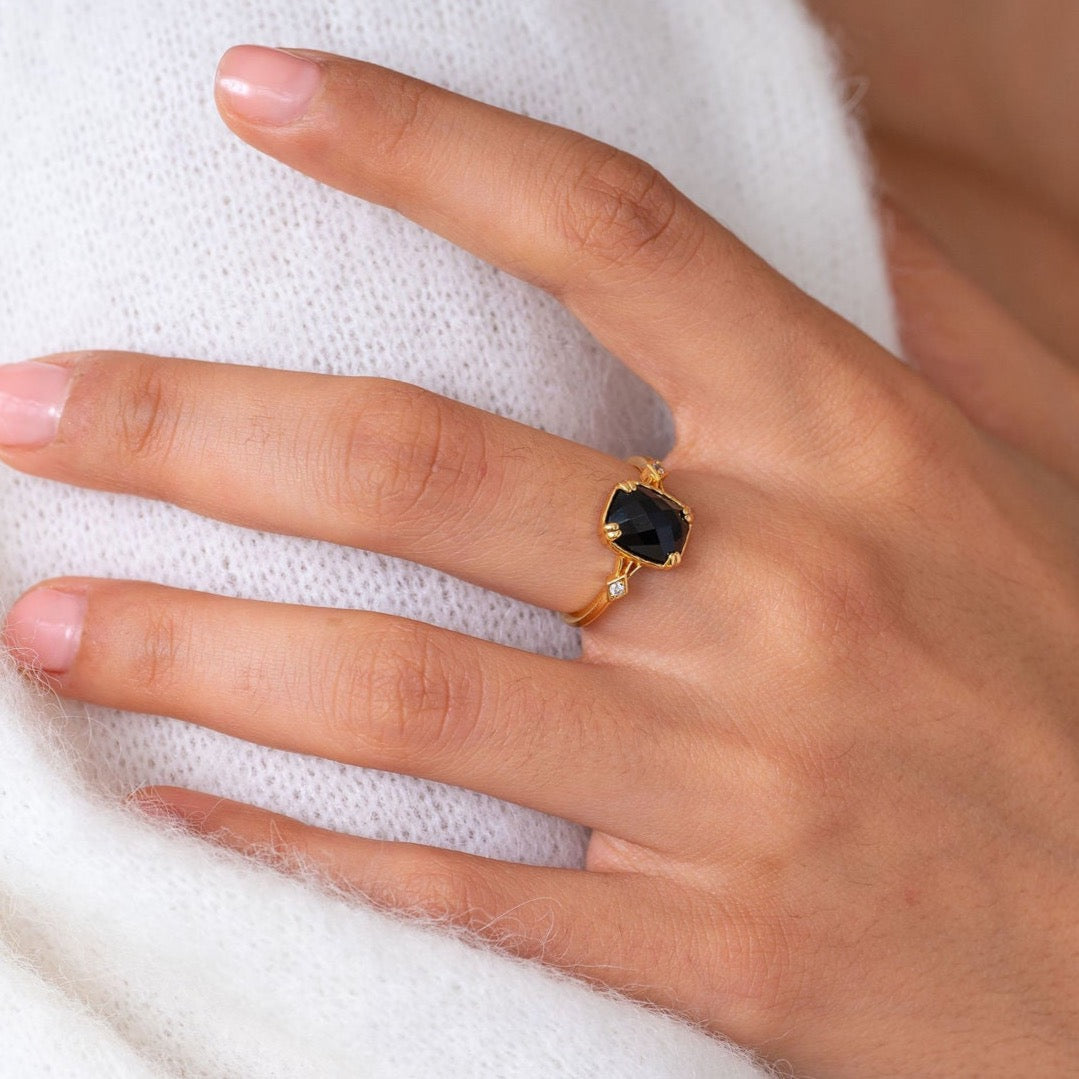 Solid Gold CLEOPATRA Black Onyx Deco Ring