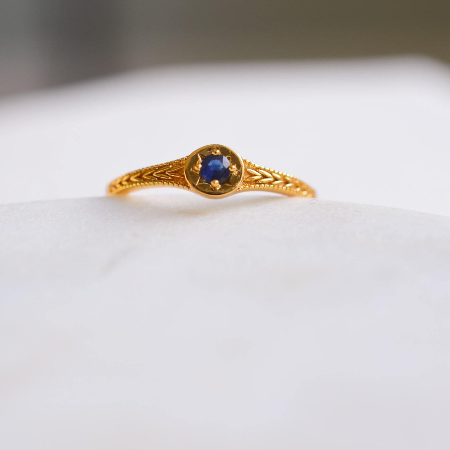 Starlight Genuine Blue Sapphire Mini Star Signet Ring