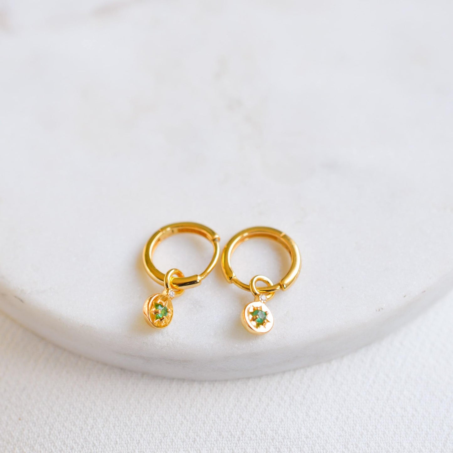 Solid Gold Starlight Genuine Emerald Star Mini Huggie Earrings