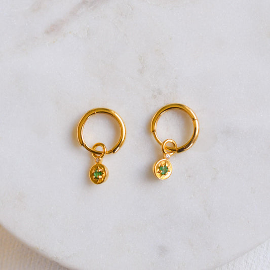 Solid Gold Starlight Genuine Emerald Star Mini Huggie Earrings