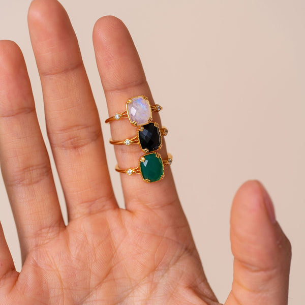 Solid Gold Cleopatra Moonstone Art Deco Ring - Rainbow Rocks Jewellery