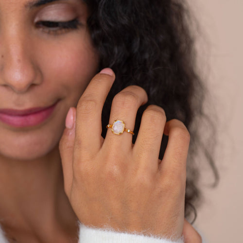Solid Gold Cleopatra Moonstone Art Deco Ring - Rainbow Rocks Jewellery