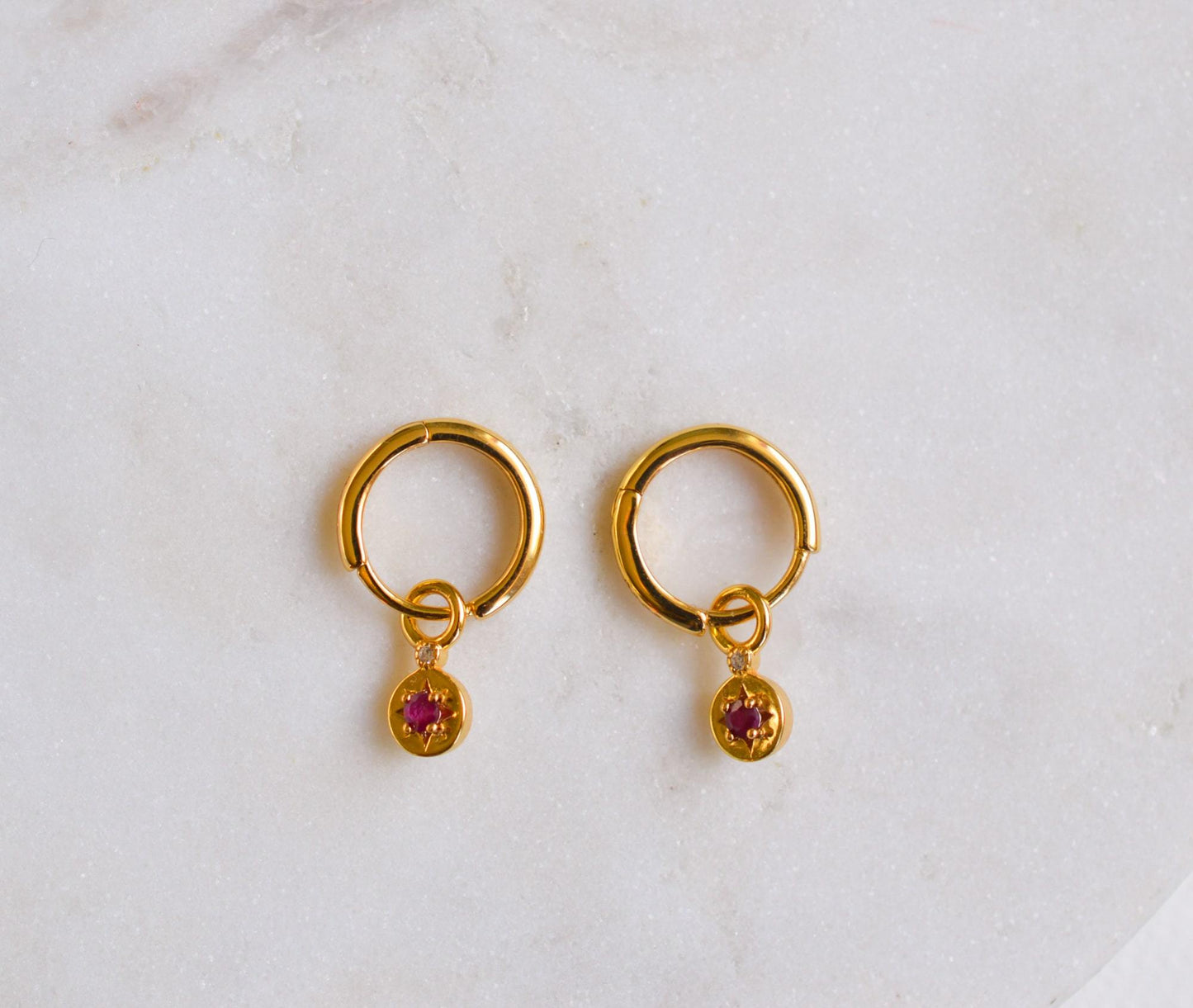 9K Solid Gold Starlight Genuine Ruby Star Mini Huggie Earrings