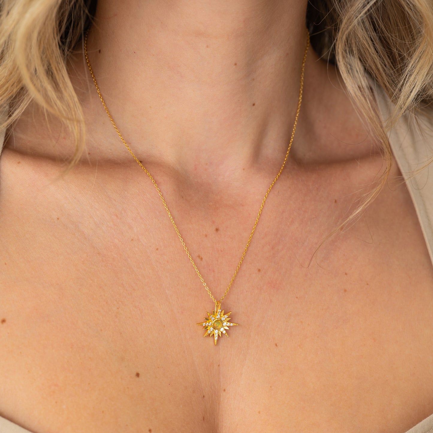 Natural Opal Starburst Gold Necklace - 14K Gold Vermeil