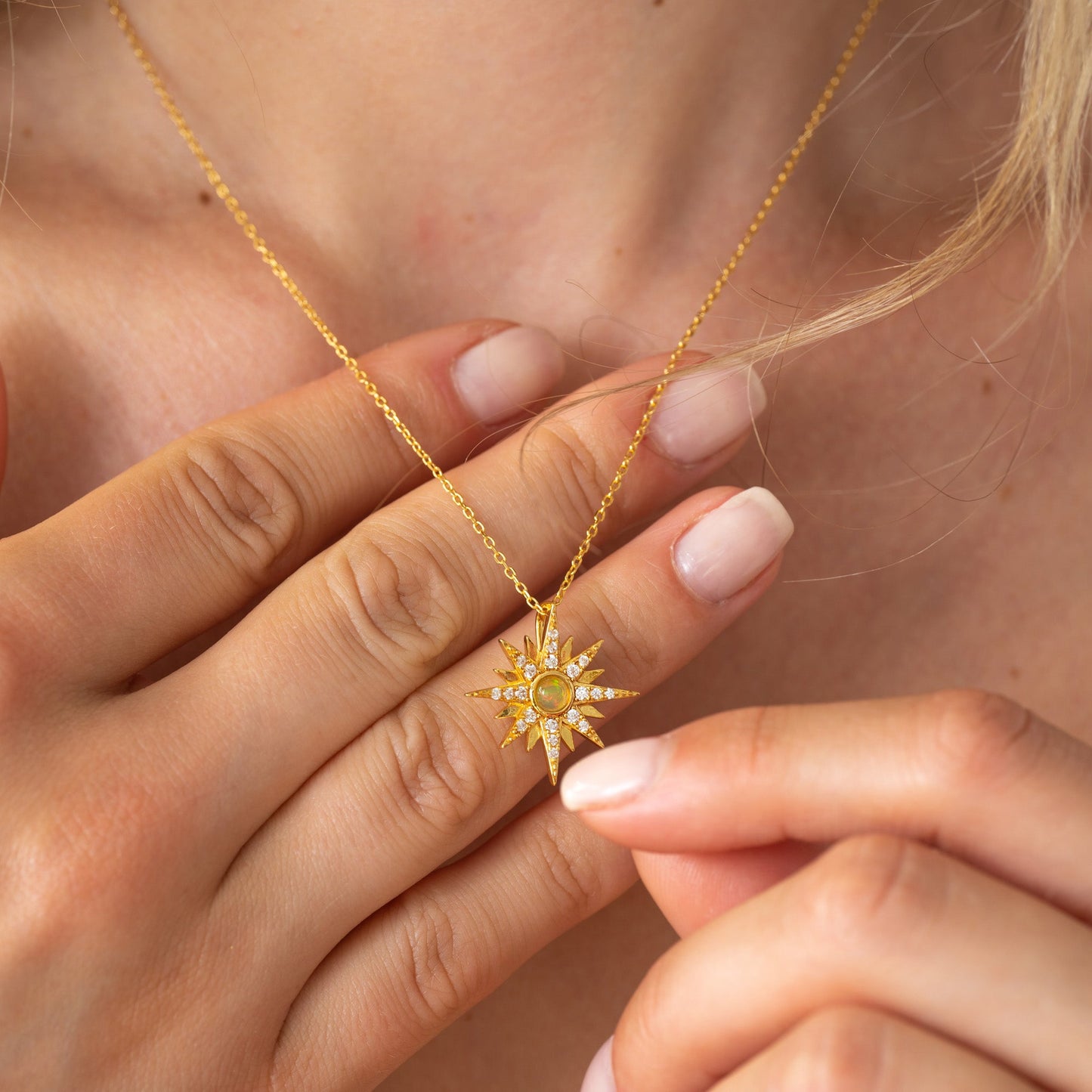 Natural Opal Starburst Gold Necklace - Sterling Silver