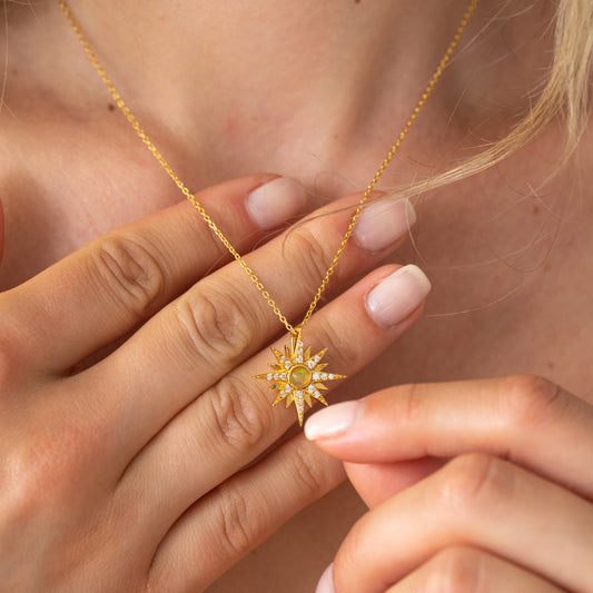 Natural Opal Starburst Gold Necklace - 14K Gold Vermeil